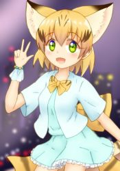 Rule 34 | 10s, 1girl, :d, alternate costume, animal ears, bad id, bad pixiv id, blonde hair, bow, bowtie, cat ears, commentary request, extra ears, green eyes, highres, kemono friends, looking at viewer, open mouth, sand cat (kemono friends), shiraha maru, short hair, smile, solo, v