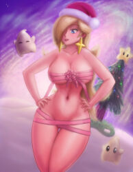 Rule 34 | 1girl, alternate breast size, blonde hair, blue eyes, breasts, christmas, christmas tree, earrings, female focus, gift, hair over one eye, hands on own hips, hat, jewelry, large breasts, long hair, luma (mario), mario (series), night, nintendo, open mouth, pink ribbon, presenting, ribbon, rosalina, saf-404, santa hat, smile, star (symbol), star earrings, super mario galaxy, super star (mario), video game character
