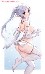 Rule 34 | 1girl, artist name, ass, bare shoulders, blue background, blush, breasts, closed mouth, dancer, dancing, earrings, elbow gloves, elf, frieren, from behind, gloves, gradient background, green eyes, grey hair, jewelry, leg up, long hair, looking at viewer, looking back, medium breasts, no shoes, parted bangs, pointy ears, revealing clothes, sebu illust, sideboob, solo, sousou no frieren, thighhighs, twintails, white background, white gloves, white thighhighs
