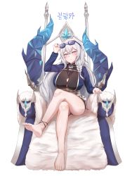 Rule 34 | 1girl, absurdres, bad id, bad pixiv id, bare legs, barefoot, blue jacket, breasts, chair, character request, copyright request, crossed legs, eyewear on head, feet, fur trim, grey eyes, highres, huge breasts, huge filesize, jacket, jewelry, long hair, looking at viewer, miniskirt, pharamacom, rug, silver hair, sitting, skirt, soles, sunglasses, throne, toes, white background