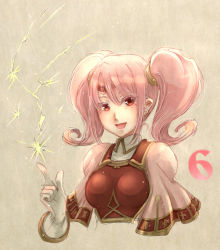Rule 34 | 1girl, armor, breastplate, brown background, circlet, countdown, cropped torso, curly hair, electricity, fire emblem, fire emblem echoes: shadows of valentia, gloves, long hair, mae (fire emblem), nintendo, open mouth, pink hair, portrait, red eyes, smile, solo, towa (towa no jiyuuchou), twintails, upper body