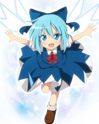 Rule 34 | 1girl, blue eyes, blue hair, bobby socks, bow, cirno, do (4-rt), dress, female focus, gradient background, hair bow, highres, leg up, light trail, looking at viewer, matching hair/eyes, open mouth, outstretched arms, puffy short sleeves, puffy sleeves, ribbon, short sleeves, socks, solo, spread arms, touhou, wings