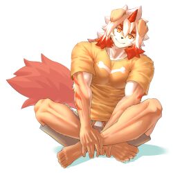 Rule 34 | 1boy, absurdres, animal ears, arknights, bara, colored tips, commentary, english commentary, furry, furry male, grey shorts, highres, holding own leg, horns, hung (arknights), indian style, looking at viewer, male focus, multicolored hair, muscular, muscular male, orange shirt, pectorals, shirt, shorts, single horn, sitting, smile, tail, white background, yotchan-ika