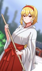 Rule 34 | 1girl, 2022, as4gi, bamboo broom, blue hair, blurry, blurry background, broom, closed mouth, dated, dutch angle, hair between eyes, hairband, hakama, highres, holding, holding broom, hololive, hololive indonesia, japanese clothes, kaela kovalskia, kimono, long hair, long sleeves, low ponytail, miko, red eyes, red hairband, red hakama, signature, smile, solo, standing, virtual youtuber, white kimono, wide sleeves