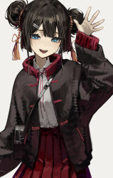 Rule 34 | 1girl, :d, absurdres, bag, black bag, black hair, black jacket, black sweater, blue eyes, blunt bangs, buttons, collared shirt, cowboy shot, double bun, eyelashes, hair bun, hair ornament, hairclip, hand up, highres, jacket, long sleeves, looking at viewer, neck ribbon, open clothes, open jacket, open mouth, original, pleated skirt, pocket, puffy long sleeves, puffy sleeves, red ribbon, red skirt, ribbon, rope, shirt, shirt tucked in, shoulder bag, sidelocks, skirt, smile, solo, standing, sweater, sweater jacket, tassel, teeth, upper teeth only, waving, white background, white shirt, yoon cook