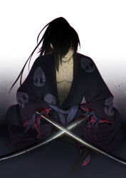 Rule 34 | 1boy, amputee, black hair, black kimono, commentary request, crossed swords, dororo (tezuka), expressionless, guest art, hair over one eye, highres, hyakkimaru (dororo), japanese clothes, katana, kimono, long hair, looking at viewer, male focus, okama, ponytail, prosthesis, prosthetic weapon, red eyes, sitting, solo, sword, weapon