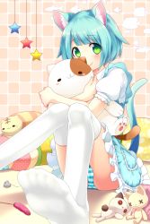 Rule 34 | 1girl, :3, absurdres, animal ears, bad id, bad pixiv id, blue hair, blue skirt, blurry, blush, blush stickers, cat ears, cat tail, cat teaser, closed mouth, cushion, depth of field, eyebrows, feet, green eyes, head tilt, highres, hugging object, looking at viewer, original, ornament, panties, pantyshot, paw print, puffy short sleeves, puffy sleeves, sakura chiyo (konachi000), shirt, short sleeves, sitting, skirt, smile, solo, star (symbol), striped clothes, striped panties, stuffed animal, stuffed cat, stuffed toy, tail, thighhighs, toy mouse, underwear, white shirt, white thighhighs