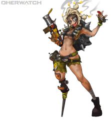 Rule 34 | 1girl, absurdres, bandaged leg, bandages, belt, boots, breasts, brown footwear, brown hair, burnt hair, chain, crazy eyes, detonator, dirty, dirty face, explosive, finger on trigger, fingerless gloves, full body, genderswap, genderswap (mtf), gloves, grenade, grenade launcher, groin, gun, harness, highres, holding, holding gun, holding weapon, junkrat (overwatch), looking at viewer, m/, mechanical arms, medium breasts, muhut, navel, open mouth, overwatch, overwatch 1, parody, peg leg, pinky out, pouch, shorts, simple background, single boot, single mechanical arm, smoke, solo, spikes, standing, tire, title parody, tongue, tongue out, torn clothes, torn shorts, underboob, weapon, white background