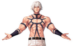 Rule 34 | 1boy, abs, belt, biceps, black belt, closed mouth, collarbone, commentary request, cowboy shot, evilgun, hair between eyes, highres, lips, looking at viewer, male focus, muscular, muscular male, navel, nipples, orange eyes, orochi (kof), outstretched arms, pants, pectorals, serious, short hair, simple background, solo, spread arms, standing, stomach, tattoo, the king of fighters, the king of fighters &#039;97, topless male, white background, white hair, white pants, wristband
