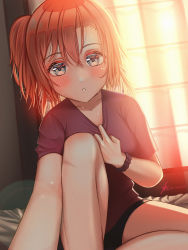 Rule 34 | 1girl, :o, artist name, artist request, bare legs, bed, blue eyes, blush, breasts, brown shirt, close-up, embarrassed, female focus, hair between eyes, highres, holding, holding clothes, holding shirt, indoors, kosaka honoka, looking at viewer, love live!, love live! school idol project, medium breasts, on bed, orange hair, parted lips, ponytail, shirt, short hair, short ponytail, short sleeves, shorts, side ponytail, smile, solo, sweatdrop, window