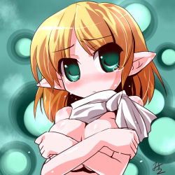 Rule 34 | 1girl, blonde hair, blush, breast hold, breasts, covering privates, covering breasts, female focus, green eyes, lowres, miuku (marine sapphire), mizuhashi parsee, nude, nude cover, solo, tears, touhou