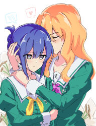 Rule 34 | 2girls, aracari, blue hair, buttoned cuffs, buttons, chibana sumika, closed eyes, closed mouth, commentary, double-parted bangs, embarrassed, english commentary, folded ponytail, glasses, green shirt, hair between eyes, hand on another&#039;s head, hand on another&#039;s shoulder, heart, highres, holding own arm, hug, juliet sleeves, kissing hair, liebe girls academy school uniform, light blush, long hair, long sleeves, mamiya kanoko, medium hair, multiple girls, neckerchief, orange hair, puffy sleeves, purple neckerchief, sailor collar, school uniform, shirt, sidelocks, simple background, spoken blush, spoken heart, upper body, watashi no yuri wa oshigoto desu!, wavy hair, white background, white sailor collar, yellow neckerchief, yuri