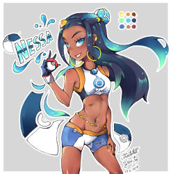Rule 34 | 1girl, arched back, bad anatomy, black hair, color guide, creatures (company), dark-skinned female, dark skin, dated, earrings, eyelashes, game freak, gym leader, half-closed eyes, hand on own thigh, hoop earrings, jewelry, long hair, looking at viewer, matchayend, nessa (pokemon), nintendo, outline, poke ball, poke ball (basic), pokemon, pokemon swsh, self-upload, simple background, solo, swimsuit, tagme, white outline