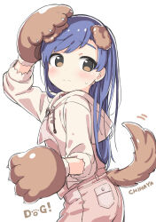 Rule 34 | animal ears, animal hands, blue hair, blush, brown eyes, character name, cowboy shot, dog ears, dog tail, dot nose, embarrassed, floppy ears, from side, gloves, hand on own head, hood, hood down, hoodie, idolmaster, idolmaster (classic), kisaragi chihaya, kuresuku (lessons), long hair, long sleeves, looking back, overalls, paw gloves, pink overalls, simple background, standing, straight hair, sweatdrop, tail, tail wagging, tareme, white background, white hoodie