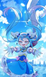 Rule 34 | 1girl, absurdres, blue dress, blue eyes, blue hair, blue sky, bow, brooch, cityscape, cloud, cloudy sky, commentary, cure sky, cut bangs, day, detached sleeves, dress, dress bow, earrings, fingerless gloves, frilled dress, frills, gloves, highres, hiiragi syuu, hirogaru sky! precure, jewelry, light particles, long hair, looking at viewer, magical girl, multicolored hair, open mouth, outdoors, pink hair, precure, puffy detached sleeves, puffy sleeves, reaching, reaching towards viewer, short dress, single earring, single sidelock, sky, smile, solo, sora harewataru, standing, streaked hair, thank you, translated, twintails, twitter username, two-tone dress, two-tone hair, very long hair, white dress, white gloves, wind, wing brooch, wing hair ornament