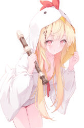 Rule 34 | 1girl, absurdres, blonde hair, chicken costume, daidai (daidai826), downblouse, flat chest, flute, fortissimo, hair ornament, hairclip, highres, holding flute, holding instrument, hololive, hololive dev is, hood, hood up, instrument, leaning forward, long hair, looking at viewer, musical note, musical note hair ornament, otonose kanade, recorder, red eyes, simple background, solo, tearing up, tears, virtual youtuber, white background