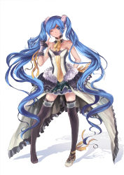 Rule 34 | 1girl, 7th dragon, 7th dragon (series), 7th dragon 2020, bare shoulders, blue eyes, blue hair, frilled thighhighs, frills, hatsune miku, headphones, long hair, matching hair/eyes, one eye closed, ooi choon liang, pigeon-toed, pointing, shoes, simple background, single shoe, skirt, smile, solo, thighhighs, twintails, very long hair, vocaloid, white background, wink, zettai ryouiki