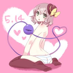 Rule 34 | 1girl, :o, back, blush, bow, censored, convenient censoring, female focus, green eyes, hat, heart, heart-shaped pupils, heart of string, hiyosuke (ak love), komeiji koishi, looking back, open mouth, panties, panties only, short hair, silver hair, sitting, solo, striped clothes, striped panties, symbol-shaped pupils, thighhighs, third eye, topless, touhou, underwear, underwear only