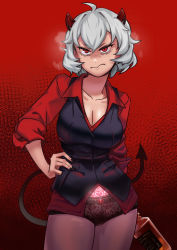 Rule 34 | 1girl, absurdres, alcohol, annoyed, black nails, black panties, black vest, blouse, bottle, bottomless, breasts, cleavage, collarbone, collared shirt, contrapposto, cowboy shot, demon girl, demon horns, demon tail, dress shirt, frown, glowing tattoo, grey hair, hand on own hip, helltaker, highres, holding, holding bottle, horns, large breasts, long sleeves, looking at viewer, malina (helltaker), nail polish, no pants, panties, pantyhose, pubic tattoo, red background, red eyes, red horns, red shirt, scowl, sexual demon tattoo, shirt, short hair, sleeves pushed up, solo, tail, tattoo, underwear, vest, yan jhia