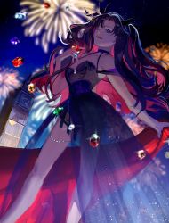 Rule 34 | 1girl, bare legs, black choker, black dress, black hair, black ribbon, blue eyes, breasts, choker, colored inner hair, dress, elizabeth tower, fate/grand order, fate (series), fireworks, gem, hair ribbon, highres, holding, holding gem, ishtar (fate), long dress, looking at viewer, multicolored hair, night, night sky, official alternate costume, one eye closed, open mouth, outdoors, parted bangs, red hair, ribbon, sky, small breasts, solo, space ishtar (fate), star (sky), starry sky, thighlet, tohsaka rin, twintails, two-tone hair, ubwmitekure