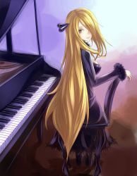 Rule 34 | 00s, 1girl, arm rest, blonde hair, breasts, chair, covered erect nipples, creatures (company), cynthia (pokemon), feather boa, fur trim, game freak, grey eyes, hair ornament, hair over one eye, highres, instrument, large breasts, long hair, looking back, nintendo, piano, pokemon, pokemon dppt, sitting, smile, solo, sukumo (kemutai), very long hair