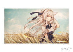 Rule 34 | 1girl, animal ears, arm up, brown eyes, cat ears, closed mouth, day, fantasy, highres, long hair, looking at viewer, original, outdoors, sagiri (ulpha220), scenery, smile, solo, white hair