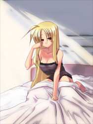 Rule 34 | 00s, 1girl, barefoot, bed, bed sheet, blonde hair, blush, breasts, chemise, cleavage, coffee cat, fate testarossa, indoors, large breasts, long hair, lyrical nanoha, mahou shoujo lyrical nanoha, mahou shoujo lyrical nanoha strikers, nipples, red eyes, see-through, sleepy, solo, strap slip, very long hair