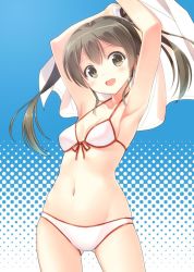 Rule 34 | 10s, 1girl, :d, armpits, arms up, bikini, blush, breasts, brown eyes, brown hair, contrapposto, cowboy shot, front-tie top, halftone, halftone background, hyuuga azuri, kantai collection, long hair, looking at viewer, navel, open mouth, small breasts, smile, solo, standing, stomach, swimsuit, twintails, white bikini, zuikaku (kancolle)