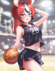 Rule 34 | 1girl, animal ears, armpit crease, audience, ball, bare arms, bare shoulders, basketball (object), basketball court, basketball hoop, blue eyes, blurry, blurry background, blush, breasts, collarbone, gym shirt, gym shorts, hair between eyes, hakos baelz, highres, hololive, hololive english, indoors, looking at viewer, medium breasts, medium hair, midriff, mouse ears, mouse tail, navel, open mouth, ponytail, red hair, shirt, shorts, sk jynx, sportswear, standing, tail, thighs, virtual youtuber