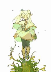 Rule 34 | 1girl, black pantyhose, boots, brown footwear, capelet, closed eyes, closed mouth, dress, earrings, elf, frieren, full body, gold trim, grass, highres, jewelry, leaf, long sleeves, nears, pantyhose, plant, pointy ears, sidelocks, solo, sousou no frieren, twintails, vines, white capelet, white dress, white hair