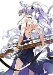 Rule 34 | 1girl, ahoge, ass, back, backless dress, backless outfit, belt, breasts, cleavage, dress, formal, granblue fantasy, gun, hair between eyes, highres, large breasts, long hair, looking at viewer, mansu, ponytail, silva (gentian blue) (granblue fantasy), silva (granblue fantasy), silver hair, solo, very long hair, weapon, white background, yellow eyes
