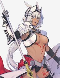 Rule 34 | 1girl, abs, animal ears, armor, bikini, black bikini, black gloves, black thighhighs, blue eyes, body markings, breasts, breasts apart, caenis (fate), cape, commentary, cowboy shot, dark-skinned female, dark skin, elbow gloves, fate/grand order, fate (series), faulds, gloves, grey background, hair intakes, headpiece, highleg, highleg bikini, highres, large breasts, long hair, looking at viewer, navel, nezunomori, parted lips, pauldrons, polearm, ponytail, red cape, shield, shoulder armor, simple background, solo, spear, swimsuit, tattoo, thigh gap, thighhighs, waist cape, weapon, white hair