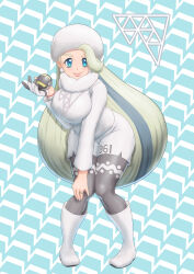 Rule 34 | 1girl, absurdres, blonde hair, breasts, creatures (company), dynamax band, earrings, fur collar, fur hat, game freak, gloves, hand on own knee, hat, highres, holding, holding poke ball, jewelry, knees together feet apart, large breasts, long hair, long sleeves, mature female, melony (pokemon), multicolored hair, nintendo, pantyhose, pantyhose under shorts, pearl earrings, poke ball, pokemon, pokemon swsh, ring, shibakarisena, shorts, single glove, solo, streaked hair, sweater, ultra ball, ushanka, wedding ring, white hat, white sweater