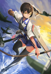 Rule 34 | 10s, 1girl, aircraft, airplane, arrow (projectile), bow (weapon), brown eyes, brown hair, gloves, japanese clothes, kaga (kancolle), kantai collection, long hair, muneate, short hair, side ponytail, solo, taba comya, weapon