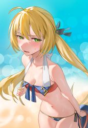 Rule 34 | 1girl, agyou sonokou l, ahoge, artoria caster (fate), artoria caster (second ascension) (fate), artoria pendragon (fate), bare shoulders, beret, bikini, black bow, blonde hair, blue bikini, blue hat, blue ribbon, blush, bow, breasts, cleavage, collarbone, cowboy shot, day, fate/grand order, fate (series), green eyes, hair between eyes, hair bow, hat, highres, holding, holding hair, long hair, looking at viewer, navel, open mouth, ribbon, side-tie bikini bottom, sky, small breasts, solo, sweat, swimsuit, tight clothes, twintails