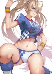 Rule 34 | 1girl, absurdres, bikini, bikini bottom only, blonde hair, blue eyes, blue shirt, blush, body writing, boots, bradamante (fate), bradamante (festival outfit) (fate), braid, breasts, cleavage, clenched hand, clothes writing, commentary request, crop top, crown braid, facepaint, fate/grand order, fate (series), hair between eyes, hand on own hip, hand up, heroic spirit festival outfit, highres, knee boots, large breasts, long hair, looking at viewer, midriff, parted lips, shirt, simple background, smile, socks, solo, swimsuit, thigh strap, thighs, towel on one shoulder, twintails, very long hair, white background, white bikini, wristband, yoshio (55level)