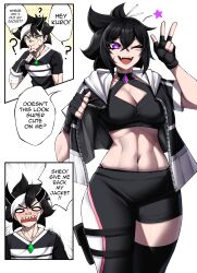 Rule 34 | 1boy, 1girl, abs, absurdres, black gloves, black hair, breasts, cleavage, english text, fangs, fingerless gloves, gloves, green eyes, highres, jacket, large breasts, looking at viewer, multicolored hair, navel, one eye closed, original, purple eyes, rageman709, scar, scar on face, short hair, speech bubble, teeth, thought bubble, upper teeth only, v, white hair