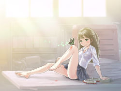 Rule 34 | 1girl, arm support, bad id, bad pixiv id, bare legs, barefoot, blood, bottle, brown hair, bug, butterfly, dripping, expressionless, feet, full body, green eyes, gym storeroom, highres, injury, bug, long hair, pleated skirt, poronpuu, school uniform, scraped knee, shoes, unworn shoes, sitting, skirt, solo, uwabaki, water bottle