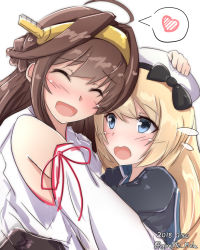 Rule 34 | 2girls, ahoge, blonde hair, blue eyes, blue sailor collar, brown hair, closed eyes, detached sleeves, double bun, dress, flying sweatdrops, giraffe (ilconte), gloves, hair bun, hairband, hat, headgear, highres, jervis (kancolle), kantai collection, kongou (kancolle), long hair, multiple girls, nontraditional miko, off-shoulder dress, off shoulder, open mouth, ribbon-trimmed sleeves, ribbon trim, sailor collar, sailor dress, sailor hat, short sleeves, upper body, white dress, white gloves, white hat