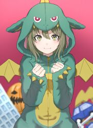 Rule 34 | 1girl, :i, absurdres, animal costume, blush, clenched hands, dragon costume, dragon wings, green eyes, green hair, highres, hood, hood up, idolmaster, idolmaster shiny colors, looking at viewer, nanakusa nichika, official alternate costume, pumpkin, shignonpencil, solo, v-shaped eyebrows, wings