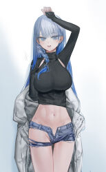 Rule 34 | 1girl, :d, arm up, blue hair, breasts, cropped sweater, gradient hair, grey hair, highres, jacket, large breasts, long hair, long sleeves, midriff, multicolored hair, navel, open mouth, original, quarter 1404, short shorts, shorts, simple background, sleeves past wrists, smile, solo, sweater, torn clothes, torn shorts, turtleneck, turtleneck sweater, white jacket