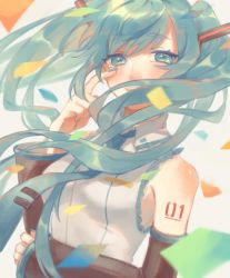 Rule 34 | 1girl, anniversary, aqua eyes, aqua hair, artist request, blush, commentary request, crying, crying with eyes open, detached sleeves, floating hair, hatsune miku, highres, long hair, looking at viewer, necktie, smile, solo, tears, twintails, very long hair, vocaloid