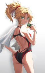 Rule 34 | 1girl, ass, back, bare shoulders, black one-piece swimsuit, blonde hair, braid, breasts, competition swimsuit, drinking straw, fate/apocrypha, fate (series), french braid, green eyes, hair ornament, hair scrunchie, highleg, highleg swimsuit, highres, juice box, long hair, looking at viewer, looking back, mordred (fate), mordred (fate/apocrypha), one-piece swimsuit, parted bangs, ponytail, red one-piece swimsuit, scrunchie, sidelocks, small breasts, solo, swimsuit, thighs, tonee, towel, two-tone swimsuit