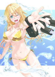 Rule 34 | 1girl, ;d, alternate costume, atago (kancolle), bikini, blonde hair, blue eyes, blush, breasts, cleavage, commentary request, halterneck, kantai collection, large breasts, long hair, looking at viewer, midriff, mikage takashi, navel, one eye closed, open mouth, side-tie bikini bottom, smile, solo, string bikini, swimsuit, turret, untied bikini, yellow bikini