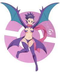 Rule 34 | 1girl, arms up, artist name, bat girl, bikini, breasts, creatures (company), crobat, eyelashes, full body, game freak, gen 2 pokemon, highres, janine (pokemon), knees, leg up, nintendo, orcaleon, parted lips, pointy ears, poke ball symbol, pokemon, pokemon hgss, purple bikini, purple eyes, purple hair, purple scarf, purple thighhighs, scarf, shiny skin, short hair, solo, swimsuit, thighhighs, transparent background, winged arms, wings