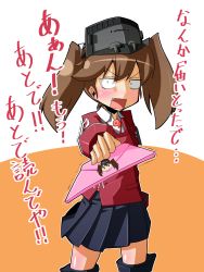 Rule 34 | 10s, 1girl, blush, brown eyes, brown hair, constricted pupils, embarrassed, fang, highres, japanese clothes, kantai collection, kariginu, letter, magatama, miniskirt, moyachii, open mouth, pleated skirt, ryuujou (kancolle), skirt, solo, sticker, translation request, trembling, twintails, visor cap