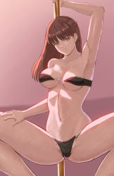 Rule 34 | 1girl, arm up, armpits, bare arms, bare shoulders, bikini, black bikini, braid, breasts, brown eyes, brown hair, collarbone, dead or alive, dead or alive xtreme, female focus, hand on own thigh, highres, lei fang, light blush, long hair, looking at viewer, matching hair/eyes, medium breasts, navel, pink background, pole, pole dancing, popo agaga, solo, spread legs, squatting, stomach, strapless, strapless bikini, stripper pole, swimsuit, underboob