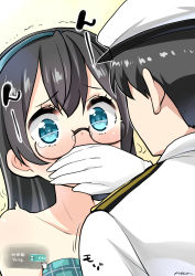 Rule 34 | 10s, 1boy, 1girl, absurdres, admiral (kancolle), alternate costume, artist name, bare shoulders, bikini, black hair, blue eyes, blush, collarbone, comic, covering another&#039;s mouth, faceless, faceless male, gameplay mechanics, glasses, gloves, hairband, hand over another&#039;s mouth, hat, highres, kantai collection, long hair, long sleeves, military, military uniform, ooyodo (kancolle), peaked cap, ryuki (ryukisukune), semi-rimless eyewear, short hair, swimsuit, tears, translation request, trembling, under-rim eyewear, uniform, white gloves