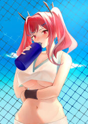 Rule 34 | 1girl, absurdres, arm under breasts, azur lane, bare shoulders, blue sky, blush, bottle, breasts, bremerton (azur lane), bremerton (scorching-hot training) (azur lane), chain-link fence, cl (summer sama), cloud, commentary, day, fence, hair between eyes, hair intakes, hair ornament, hairclip, highres, holding, holding bottle, large breasts, long hair, looking at viewer, midriff, navel, no mole, open mouth, outdoors, pink eyes, pink hair, shirt, sidelocks, skirt, sky, sleeveless, sleeveless shirt, solo, sportswear, standing, tennis uniform, twintails, upper body, water bottle, white shirt, wristband