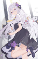 Rule 34 | 1girl, absurdres, angel wings, azusa (blue archive), black dress, black footwear, blue archive, blush, dress, feathered wings, flower, frilled sleeves, frills, grey hair, hair between eyes, hair flower, hair ornament, halo, highres, long hair, looking at viewer, parted lips, pink eyes, purple flower, serika, shirt, shoes, short sleeves, solo, white shirt, white wings, wings, yellow halo